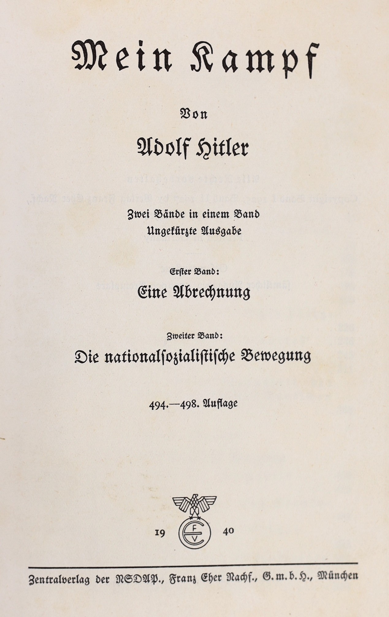 Hitler, Adolf - Mein Kampf, wedding edition, given to a married couple in the Third Reich, 8vo, leather back paper boards, Munich, 1940, in slip case , together with a card, in German, ‘’Congratulations on Christmas and